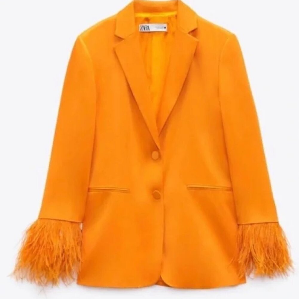 Orange Ostrich Feather Trim Blazer Suit Jacket and Drawstring Pant Suit Zara NWT - Picture 2 of 13
